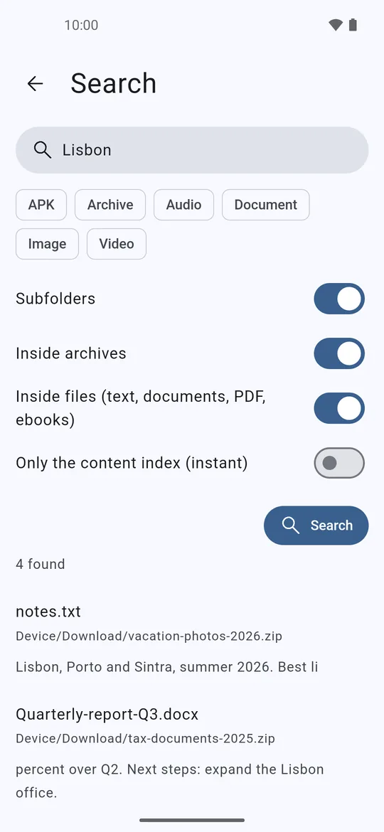 Search inside files and archives